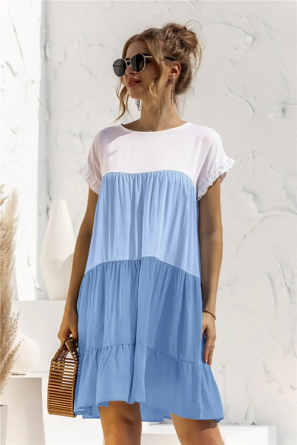 Color Block Round Neck Ruffle Hem Dress - Trendsi - Flyclothing LLC