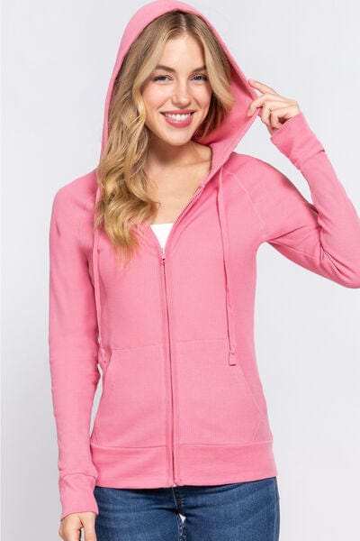 ACTIVE BASIC Waffle Knit Drawstring Zip Up Long Sleeve Hoodie - Trendsi - Flyclothing LLC