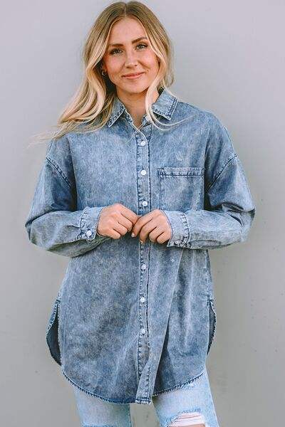 Button Up Dropped Shoulder Denim Top - Trendsi - Flyclothing LLC