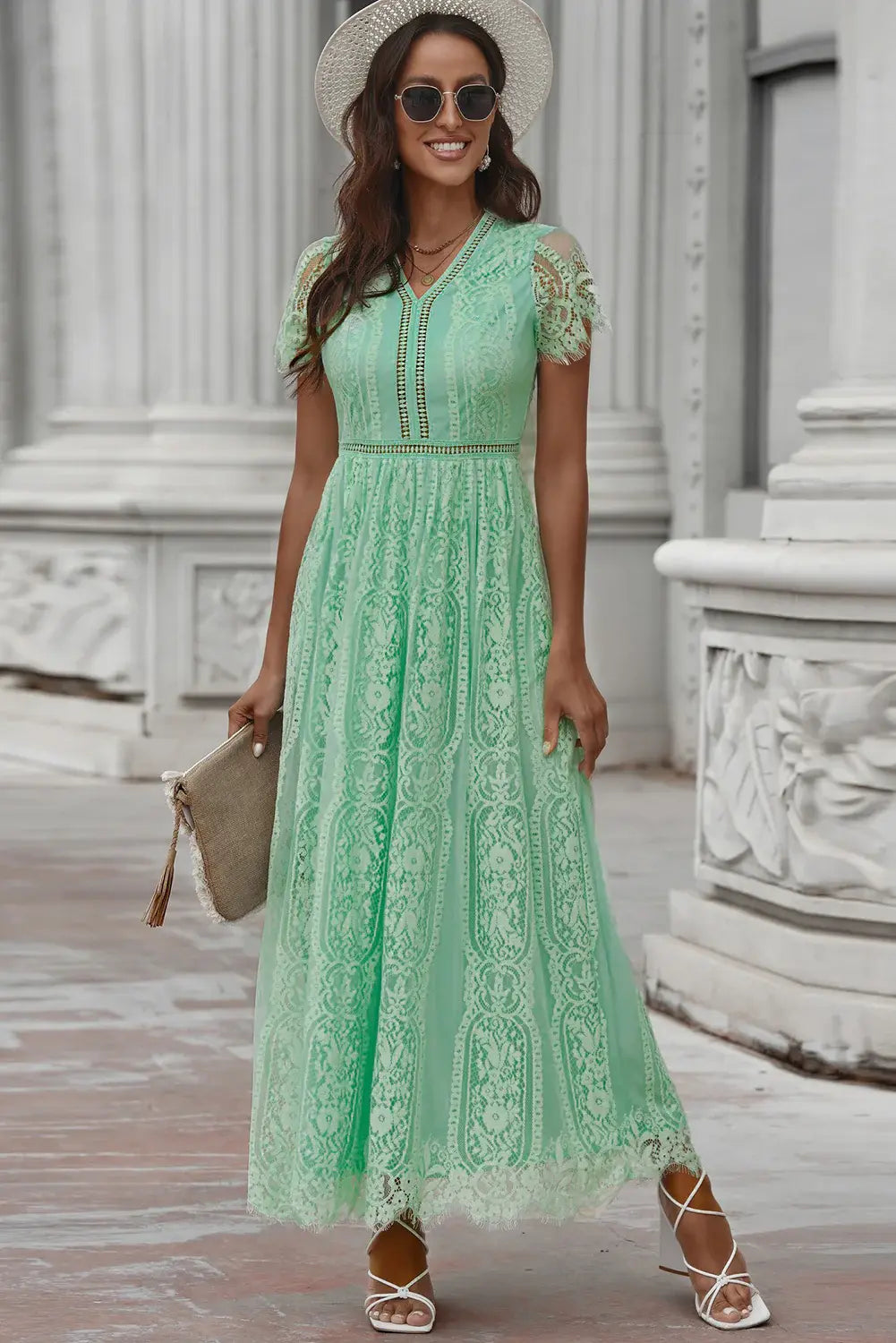Scalloped Trim Lace Plunge Dress - Trendsi - Flyclothing LLC
