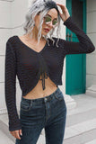 Drawstring V-Neck Long Sleeve Knit Top - Trendsi - Flyclothing LLC