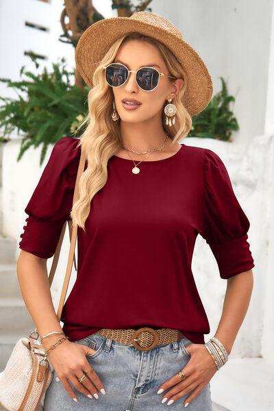 Round Neck Lantern Sleeve Blouse - Trendsi - Flyclothing LLC