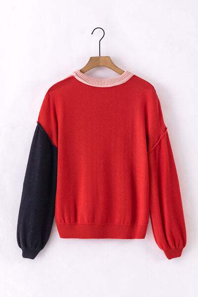 Contrast Round Neck Dropped Shoulder Sweater - Trendsi - Flyclothing LLC