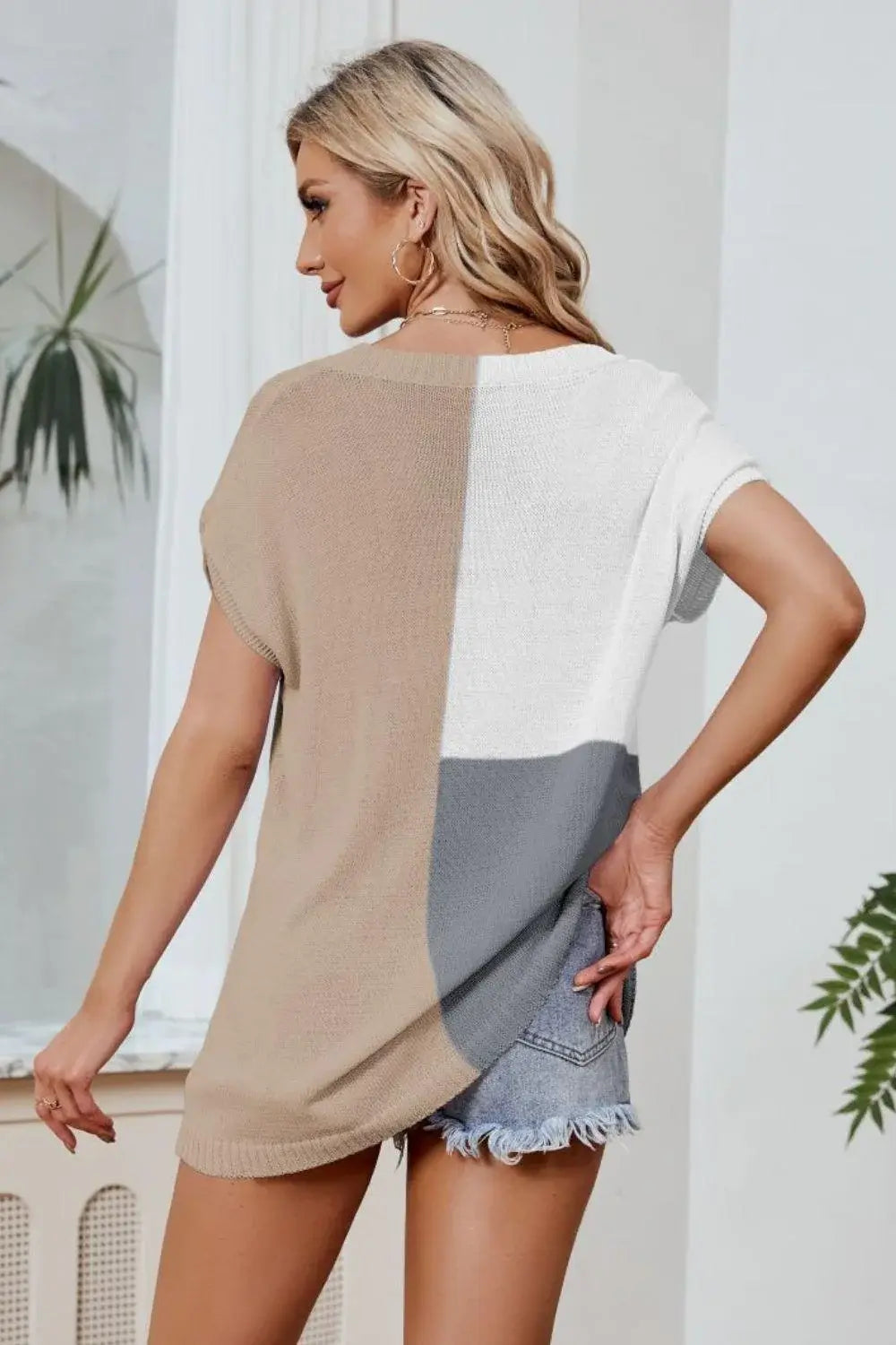 Color Block V-Neck Knit Top - Trendsi - Flyclothing LLC