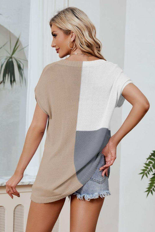 Color Block V-Neck Knit Top - Trendsi - Flyclothing LLC