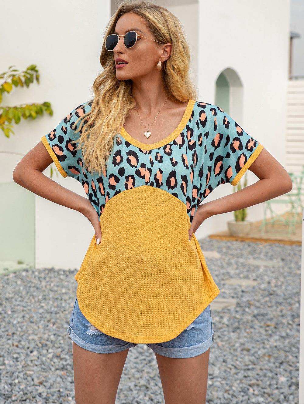 Leopard Waffle-Knit Short Sleeve Top - Trendsi - Flyclothing LLC