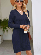 Cable-Knit V-Neck Mini Sweater Dress - Trendsi - Flyclothing LLC