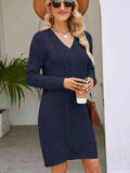 Cable-Knit V-Neck Mini Sweater Dress - Trendsi - Flyclothing LLC