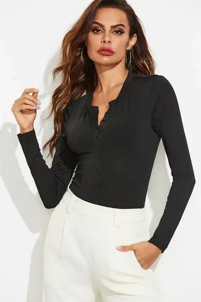 Half Button Round Neck Long Sleeve Bodysuit - Trendsi - Flyclothing LLC