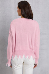 Lip Fringe Round Neck Sweater - Trendsi