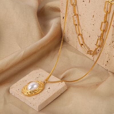 Inlaid Pearl Double-Layered Titanium Steel Necklace - Trendsi