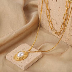 Inlaid Pearl Double-Layered Titanium Steel Necklace - Trendsi
