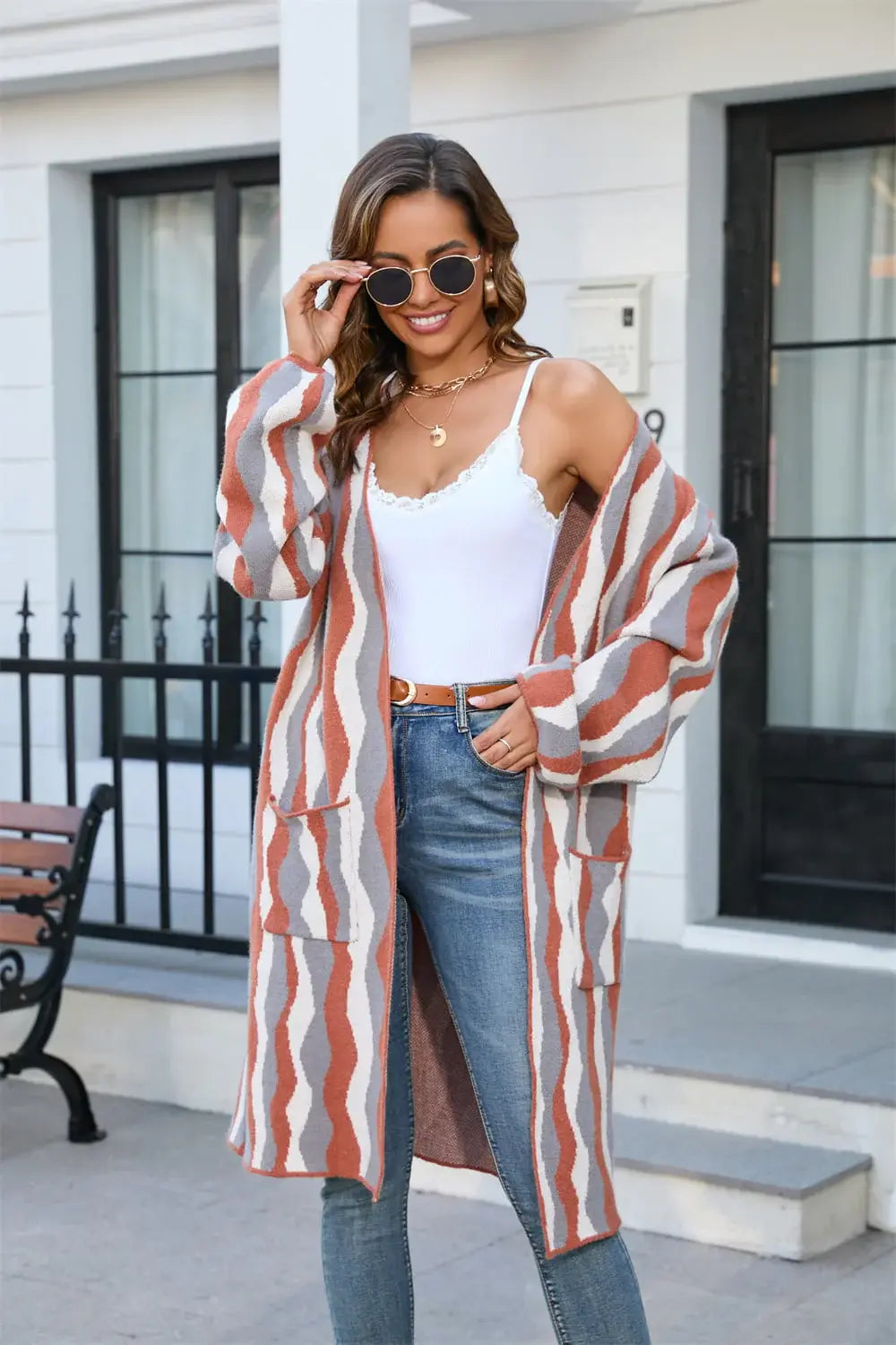 Printed Open Front Pocketed Cardigan - Trendsi - Flyclothing LLC