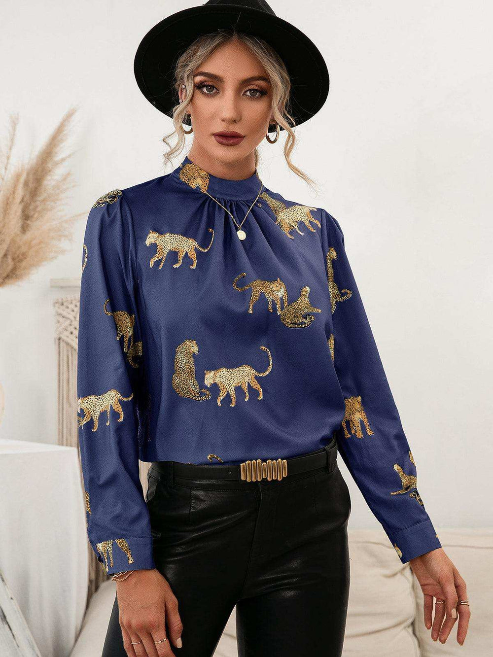 Leopard Graphic Mock Neck Puff Sleeve Blouse - Trendsi - Flyclothing LLC
