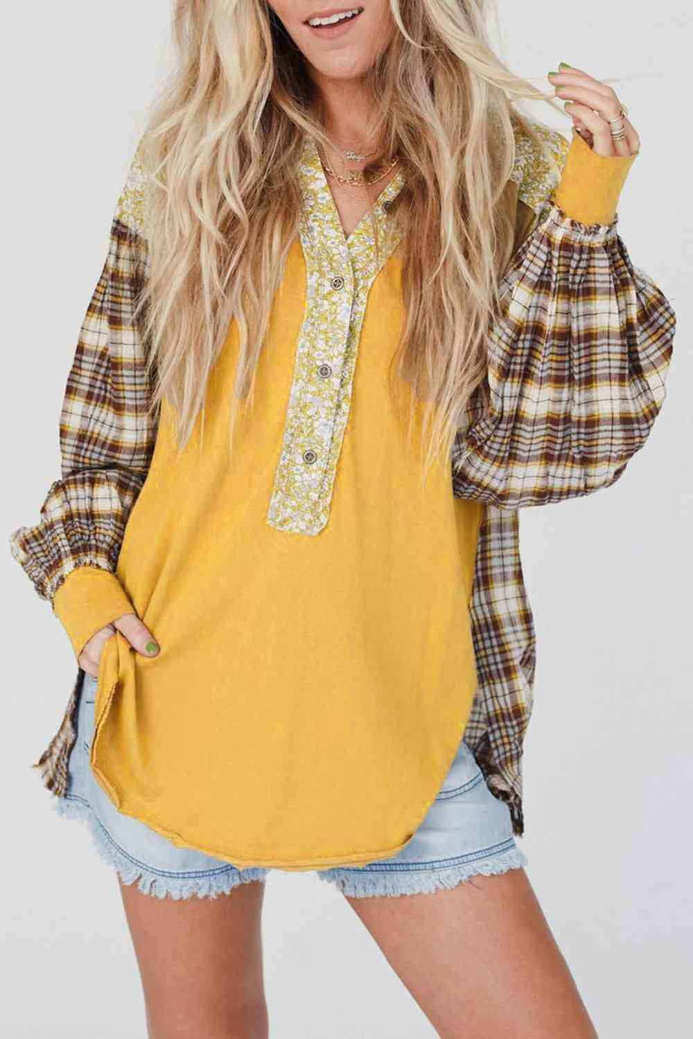 Plaid Notched Neck Slit Blouse - Trendsi - Flyclothing LLC