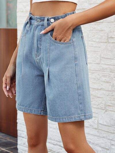 High Waist Denim Shorts with Pockets - Trendsi - Flyclothing LLC