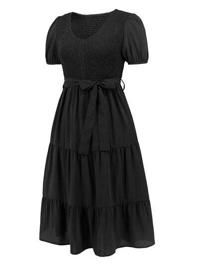 Smocked Tie Front Short Sleeve Tiered Dress - Trendsi - Flyclothing LLC