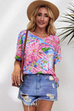 Floral V-Neck Short Sleeve Blouse - Trendsi - Flyclothing LLC