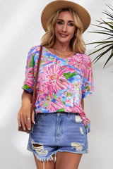 Floral V-Neck Short Sleeve Blouse - Trendsi
