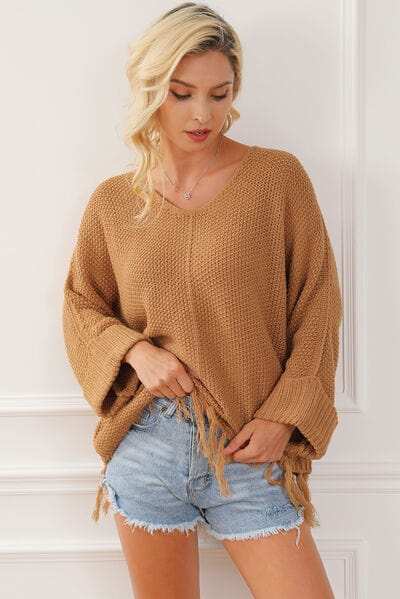 Fringe V-Neck Long Sleeve Sweater - Trendsi - Flyclothing LLC