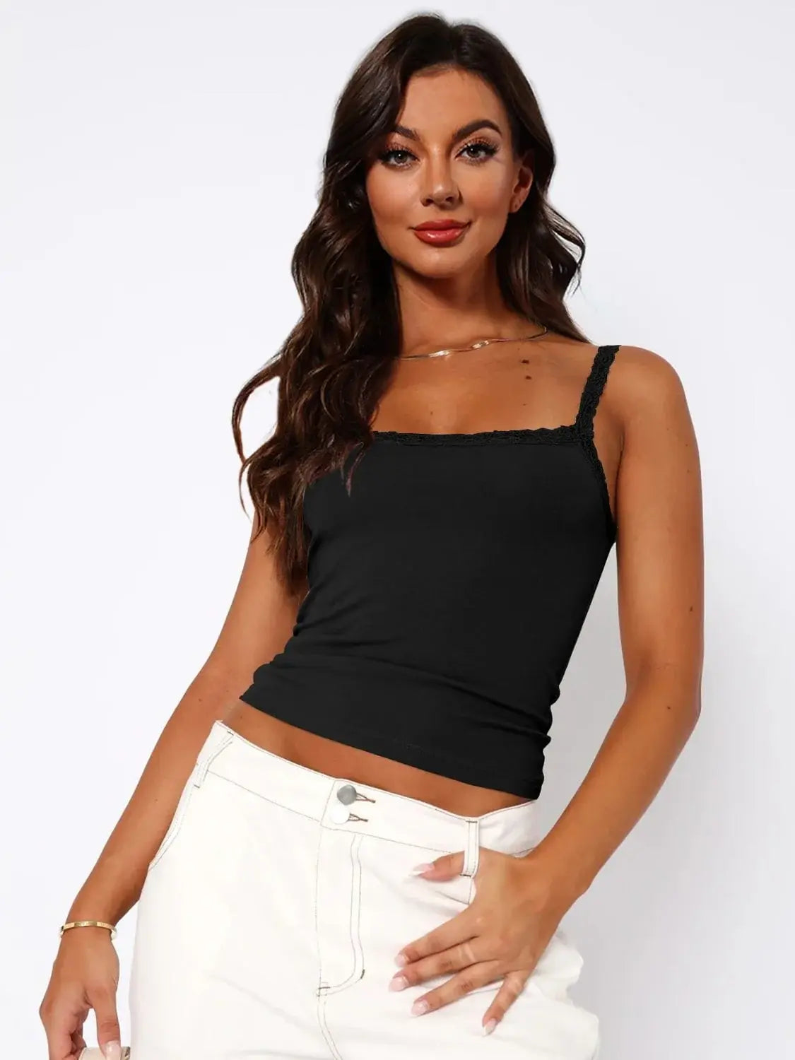 Lace Trim Straight Neck Cami - Trendsi - Flyclothing LLC