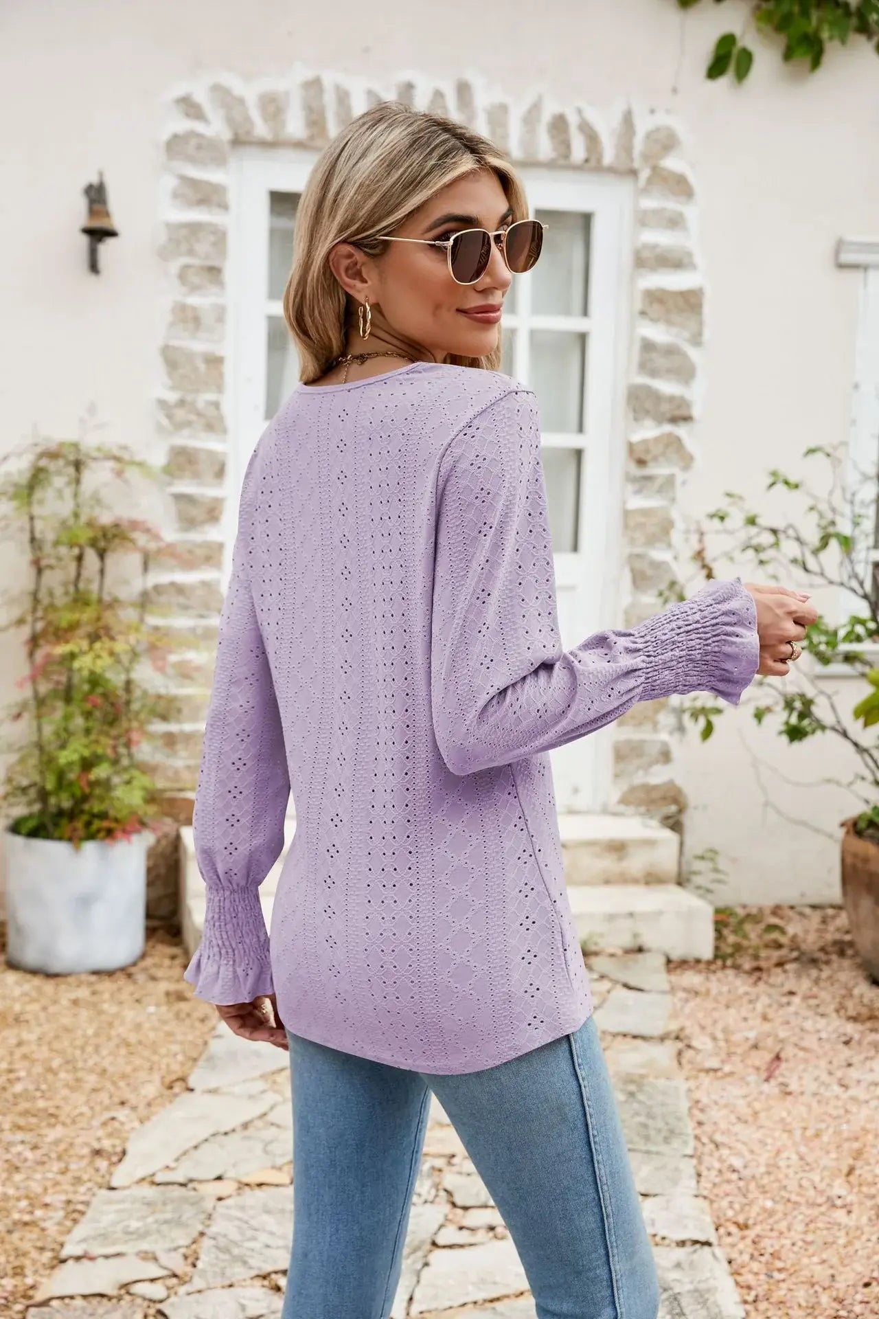 Eyelet V-Neck Smocked Flounce Sleeve Blouse - Trendsi - Flyclothing LLC