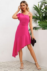 Ruffled Asymmetrical Neck Flutter Sleeve Dress - Trendsi