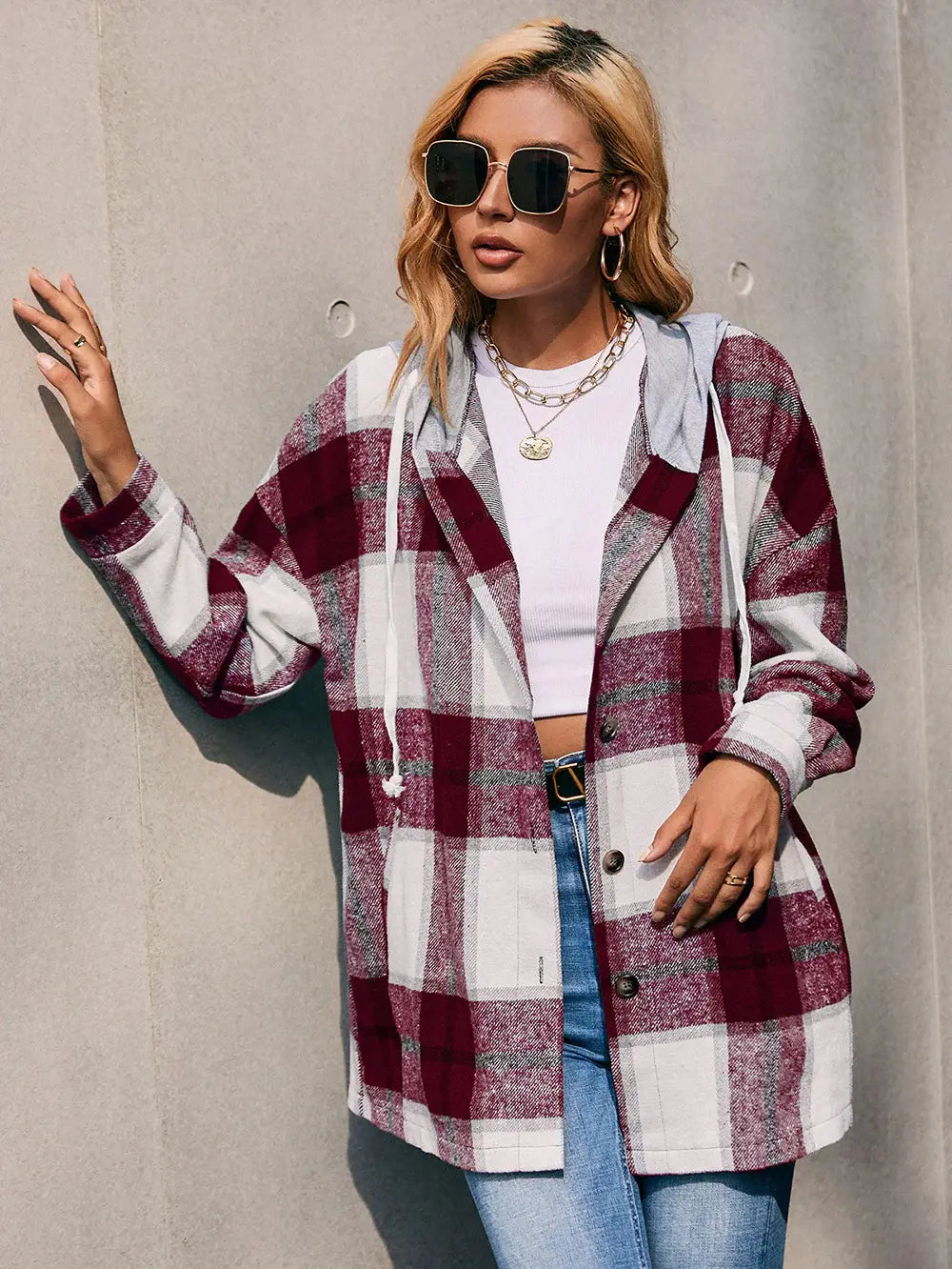 Plaid Dropped Shoulder Hooded Jacket - Trendsi - Flyclothing LLC