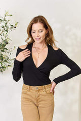 Culture Code Full Size Ribbed Surplice Cold Shoulder Top - Trendsi - Flyclothing LLC