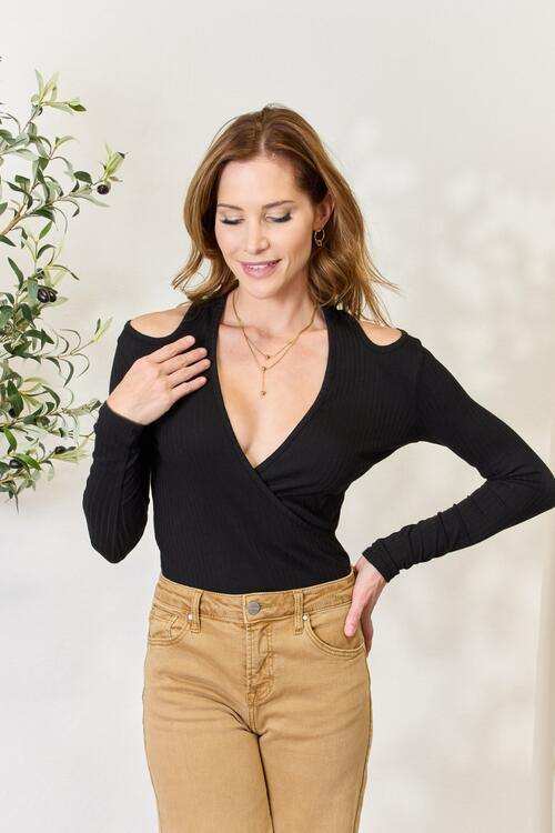 Culture Code Full Size Ribbed Surplice Cold Shoulder Top - Trendsi - Flyclothing LLC