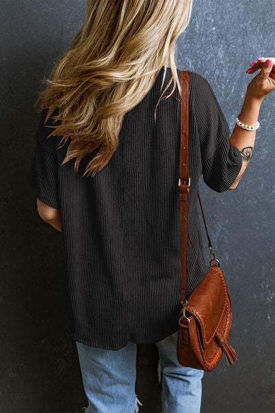 Textured V-Neck Dropped Shoulder T-Shirt - Trendsi - Flyclothing LLC