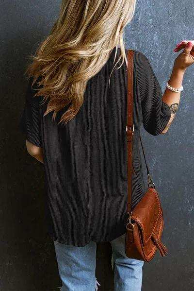 Textured V-Neck Dropped Shoulder T-Shirt - Trendsi - Flyclothing LLC