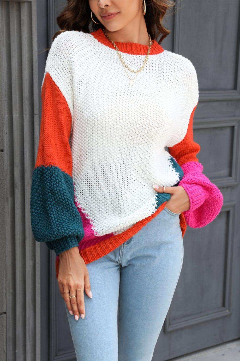 Color Block Round Neck Drop Shoulder Sweater - Trendsi - Flyclothing LLC