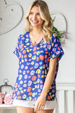 First Love Printed V-Neck Short Sleeve Blouse - Trendsi
