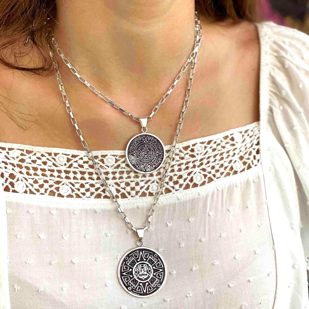 Alpaca Silver Aztec Calendar Pendant with Chain - Artisana - Flyclothing LLC