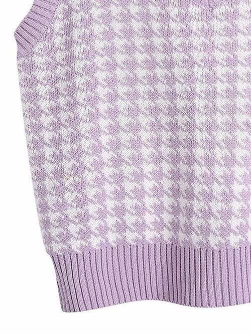 Houndstooth V-Neck Sweater Vet - Trendsi - Flyclothing LLC