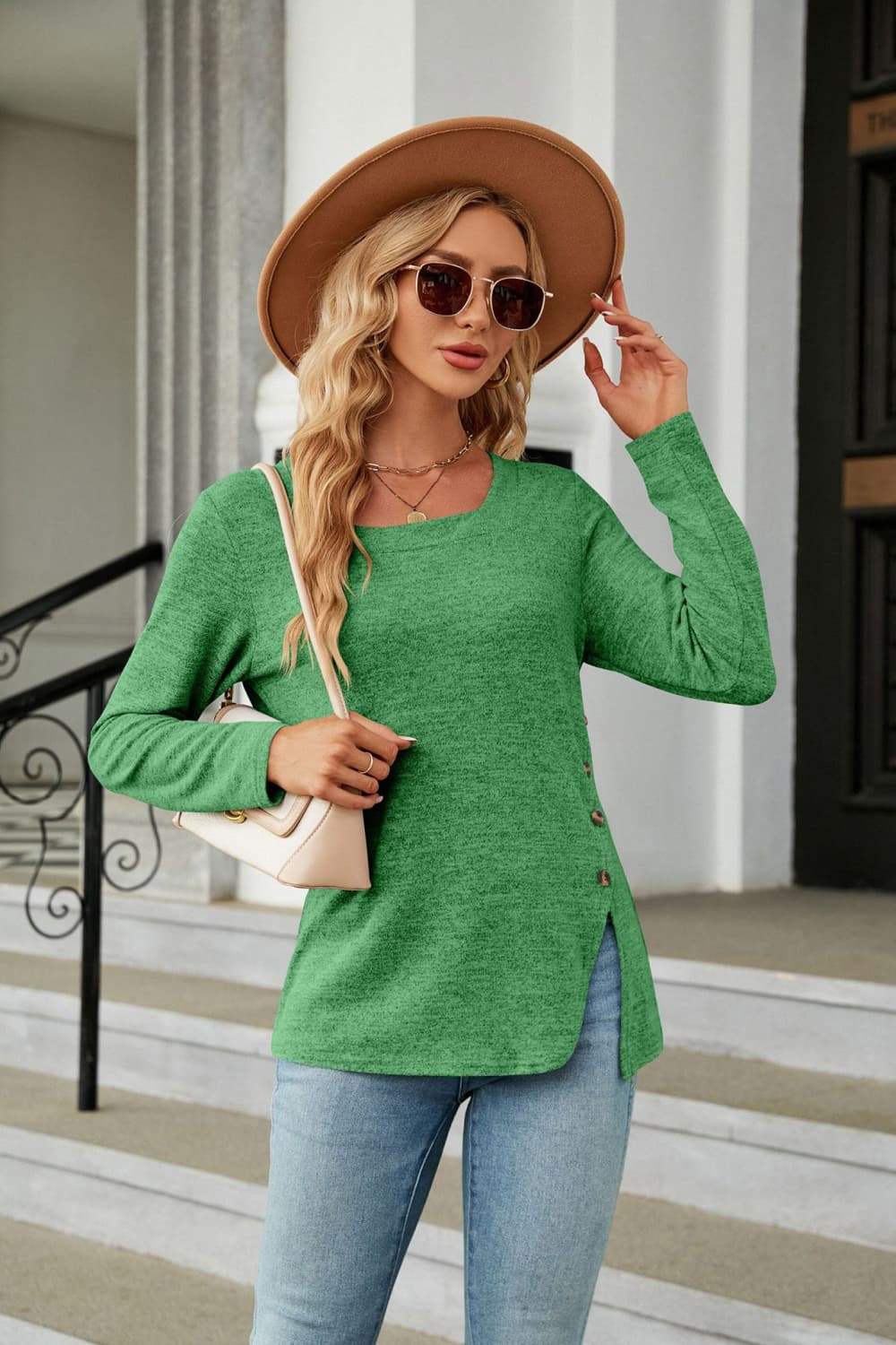 Square Neck Long Sleeve Slit T-Shirt - Trendsi - Flyclothing LLC