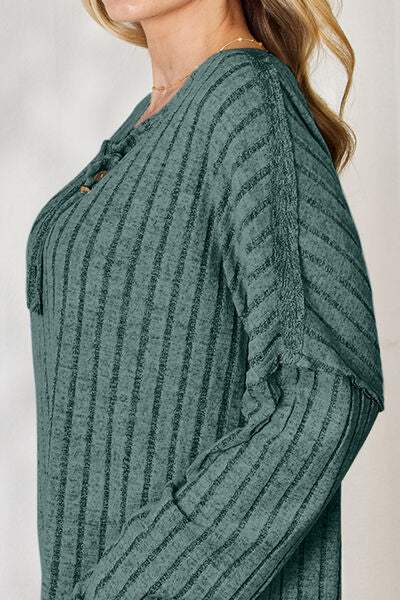 Basic Bae Full Size Ribbed Half Button Long Sleeve T-Shirt - Trendsi - Flyclothing LLC