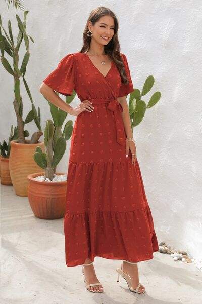 Swiss Dot Tied Surplice Short Sleeve Dress - Trendsi - Flyclothing LLC