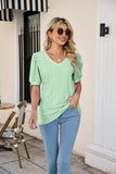 Eyelet Puff Sleeve V-Neck Top - Trendsi - Flyclothing LLC