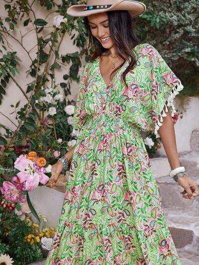 Smocked Floral V-Neck Short Sleeve Dress - Trendsi - Flyclothing LLC