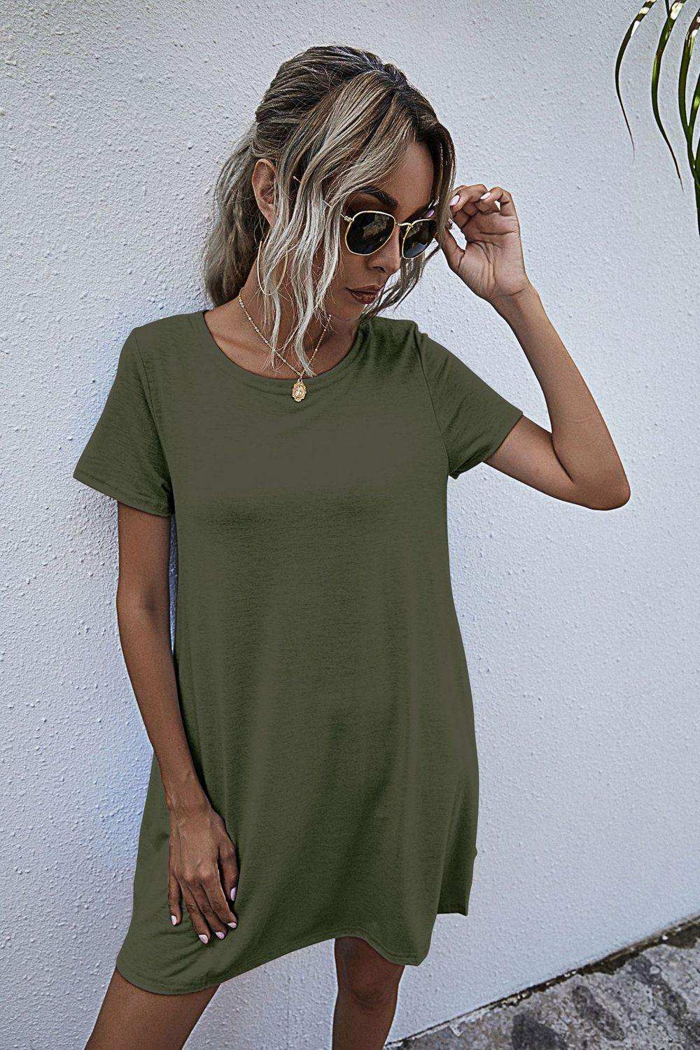 Round Neck Short Sleeve Mini Dress - Trendsi - Flyclothing LLC