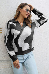 Two-Tone Johnny Collar Dropped Shoulder Pullover Sweater - Flyclothing LLC