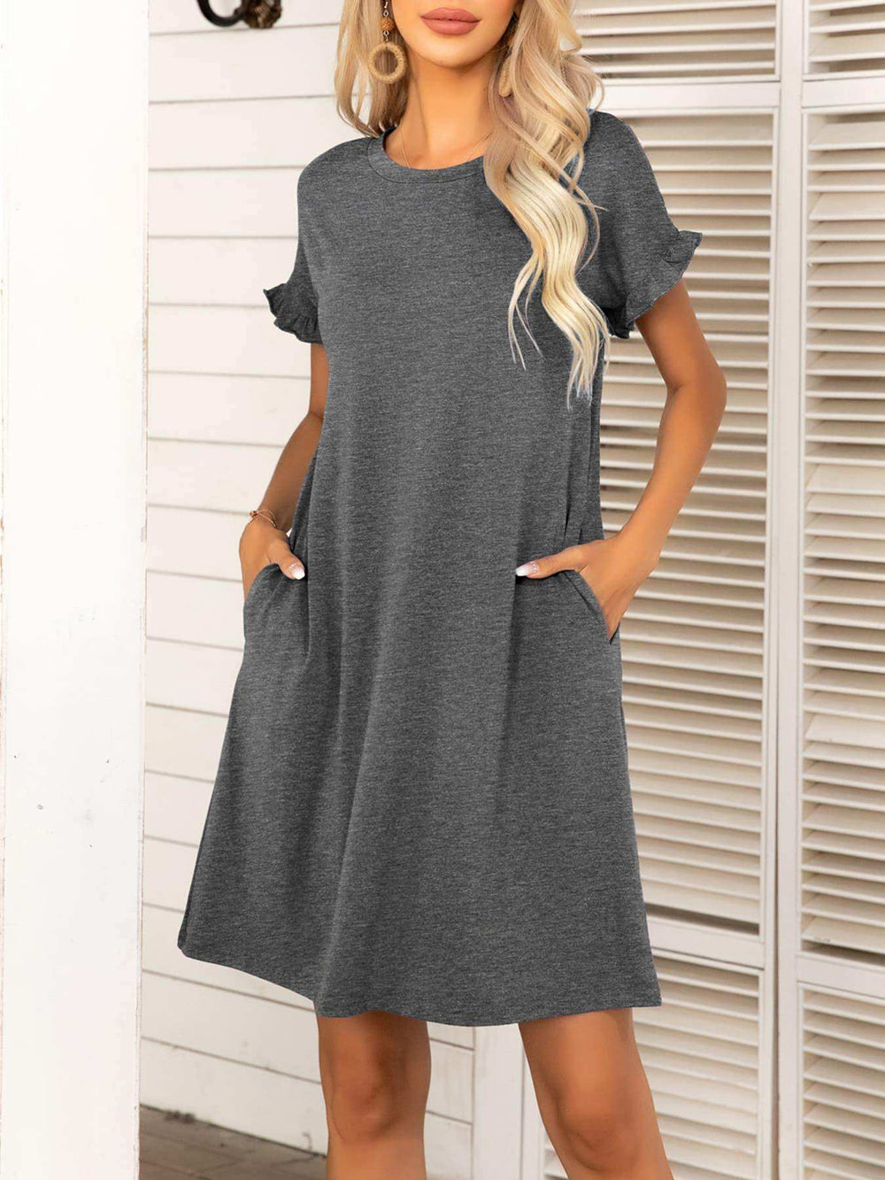 Round Neck Flounce Sleeve Dress with Pockets - Trendsi - Flyclothing LLC