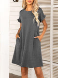Round Neck Flounce Sleeve Dress with Pockets - Trendsi