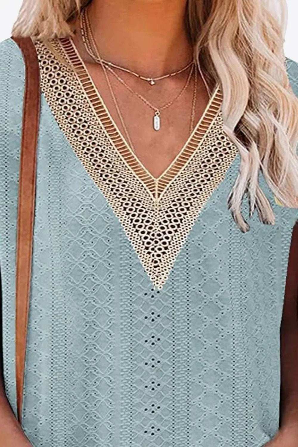 Eyelet Contrast V-Neck Tee - Trendsi - Flyclothing LLC