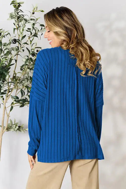 Basic Bae Full Size Ribbed Round Neck Slit T-Shirt - Trendsi - Flyclothing LLC
