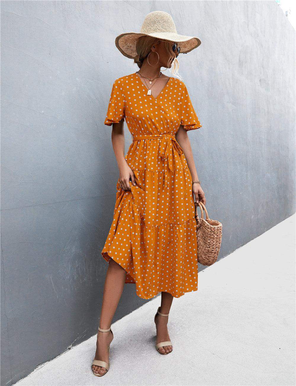 Printed V-Neck Flutter Sleeve Belted Dress - Trendsi - Flyclothing LLC