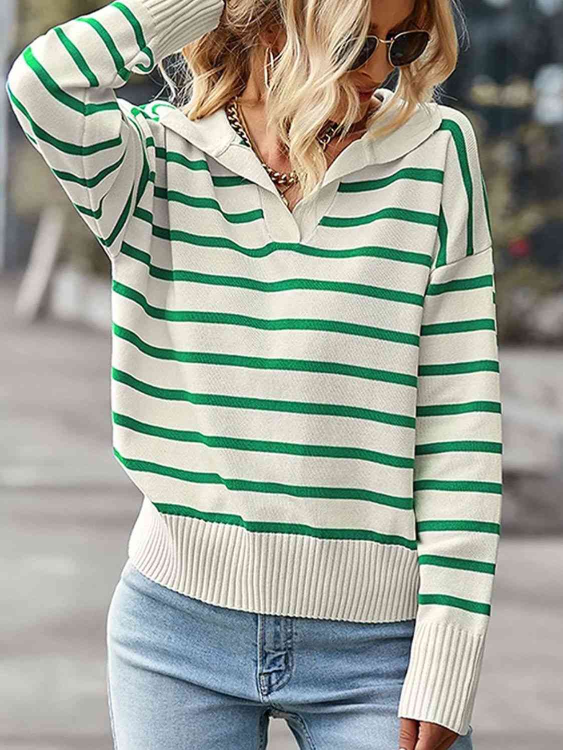 Striped Collared Neck Knit Top - Trendsi - Flyclothing LLC
