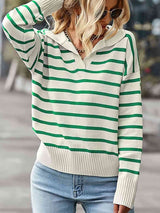 Striped Collared Neck Knit Top - Trendsi - Flyclothing LLC
